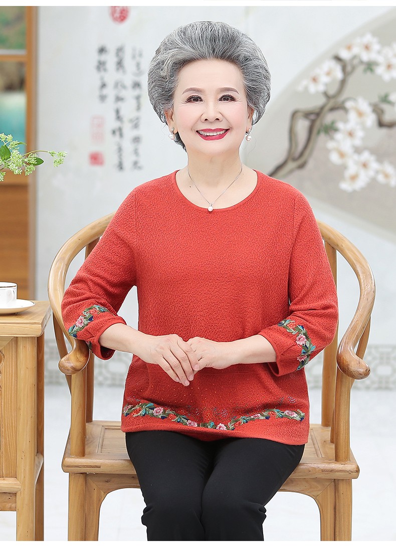 老年人女奶奶装春秋打底衫长袖套头老人太太衣服 浅蓝色 l建议80-100