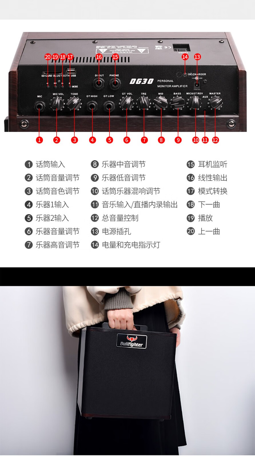 (bullfighter) 木吉他音箱民谣充电弹唱音箱直播蓝牙街头卖唱拉杆音响