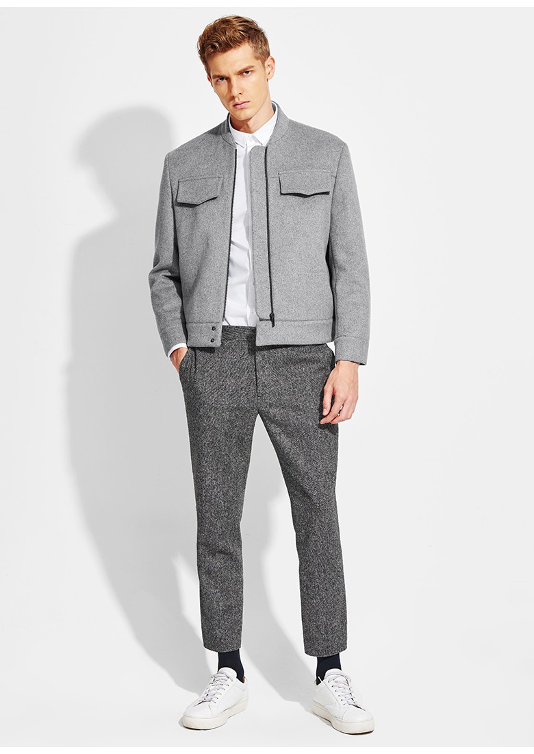 夹克男2020春季新品短款毛呢夹克盖棒球领本布下摆呢子外套男 浅灰色