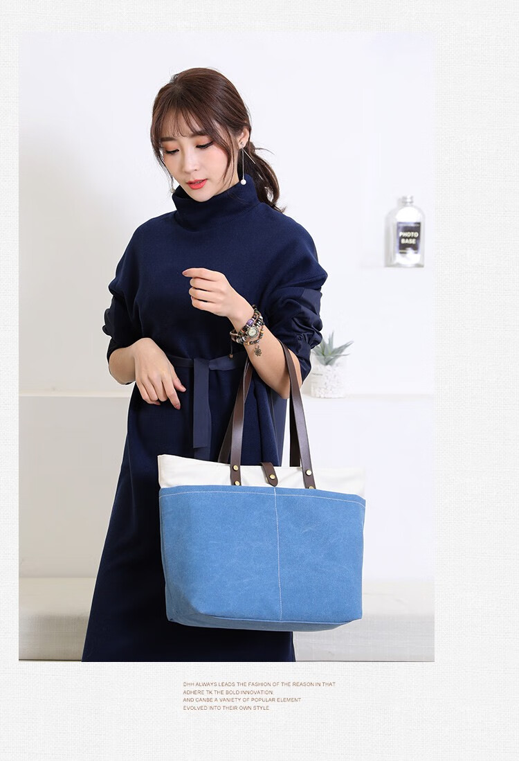 仓梵新品帆布包女单肩手提撞色帆布袋布兜大容量时尚轻便简约多兜女士