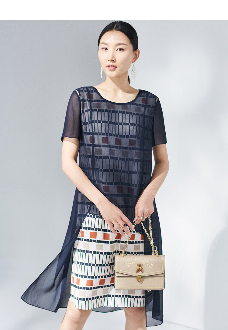 娜尔思naersi 夏新款女装假两件连衣裙女短袖通勤纱裙洋气抽象印花