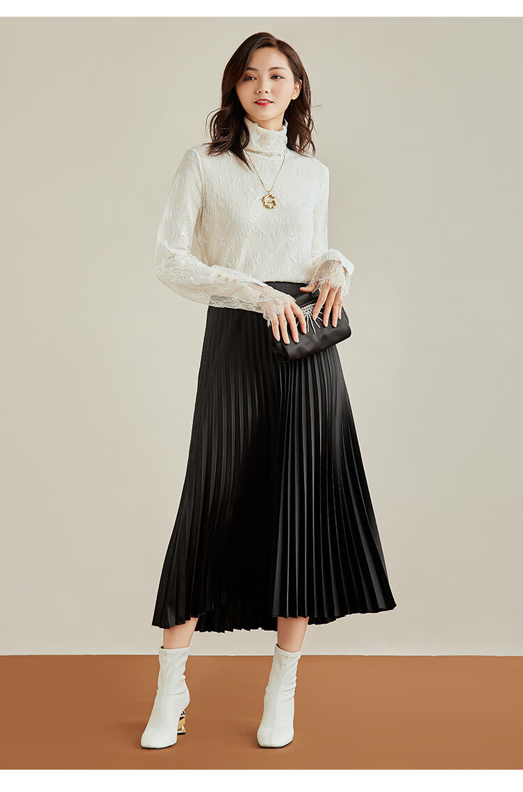 哥弟girdear 简约休闲纯色高腰色丁百褶中长款女式半身裙裙子女式