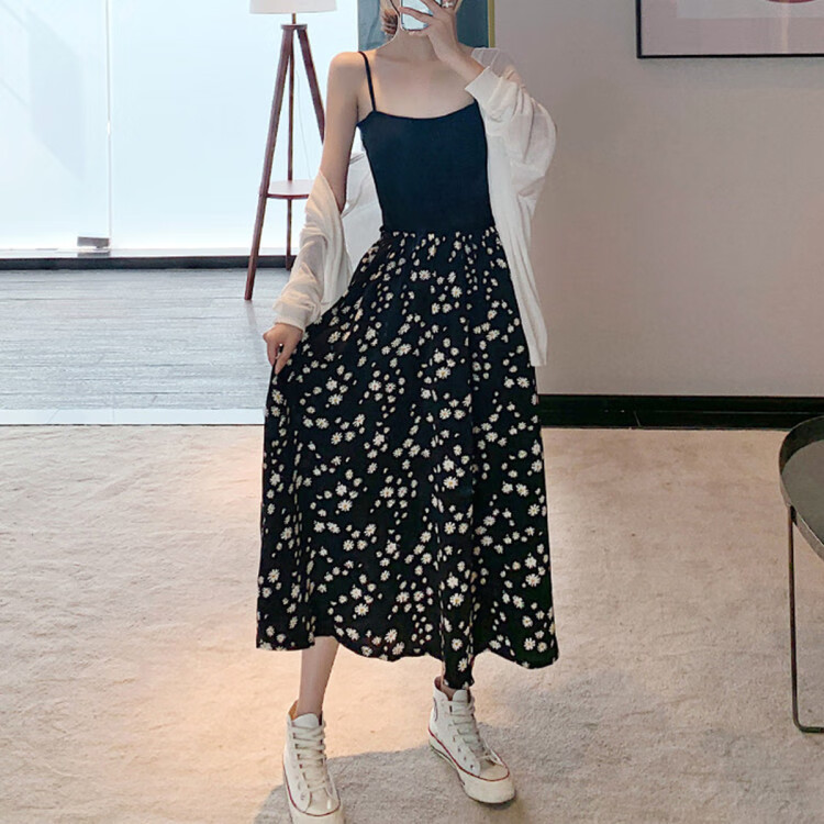 初语toyouth21早秋穿搭中长款小雏菊碎花裙a字型百搭女士雪纺半身裙黑