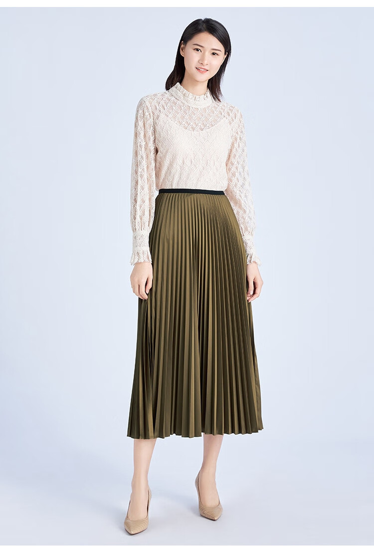 哥弟girdear 简约休闲纯色高腰色丁百褶中长款女式半身裙裙子女式