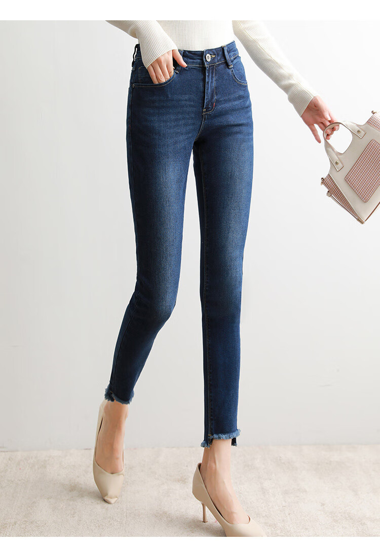 熙世界sllsky 【2020秋季新款】休闲裤女修身直筒简约小脚裤牛仔裤女