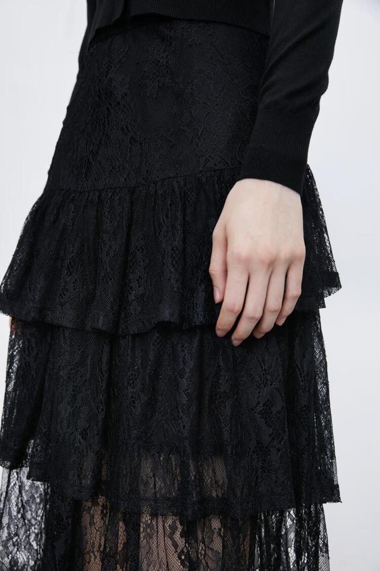 urban revivo ur荷叶边蕾丝网纱半裙wg21v5an2000 正黑 l