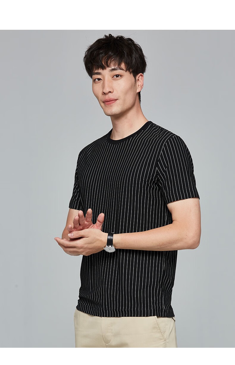 才子男装短袖t恤男2020夏季款竖条纹英伦风时尚潮流男士圆领透气打底