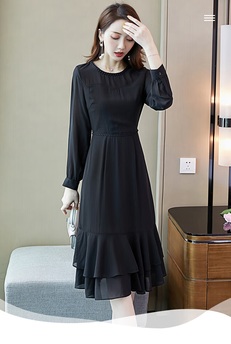 依美 黑色花拼接裙子20秋装新款收腰显瘦雪纺休闲喜欢你长袖连衣裙女