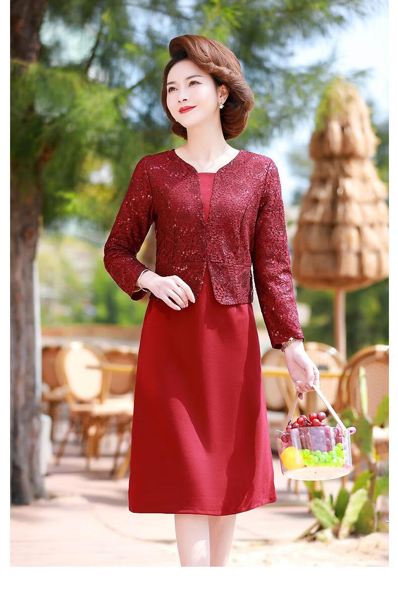 宝莲朵婚礼妈妈装春装假两件连衣裙中年喜婆婆婚宴礼服礼服中老年女装