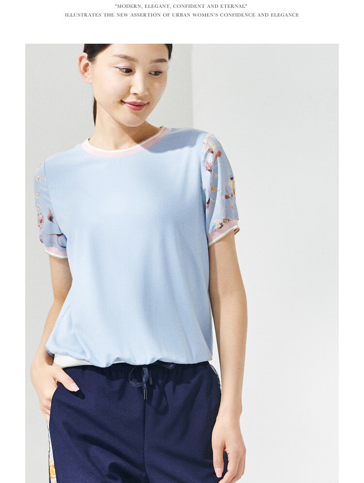 娜尔思naersi 夏新款女装减龄显瘦优雅印花套头上衣 淡群青色 xl