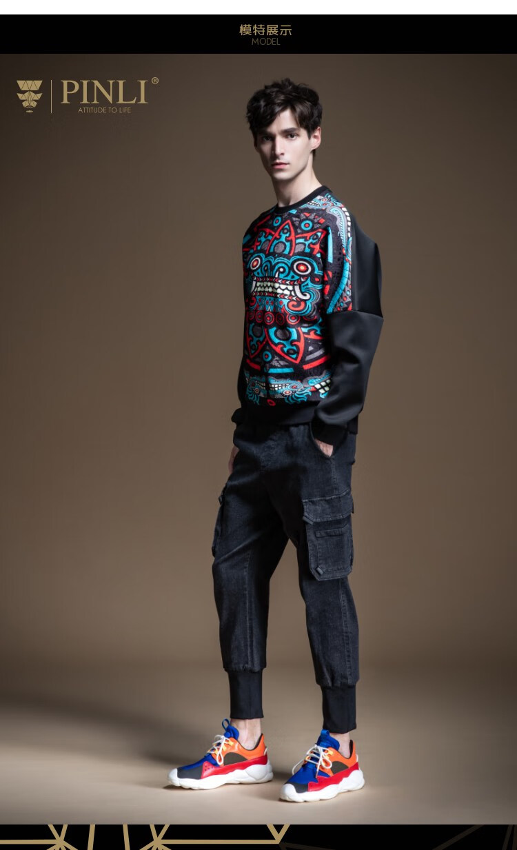 品立pinli2020春秋新款潮男装古风印花圆领男士卫衣黑色xl