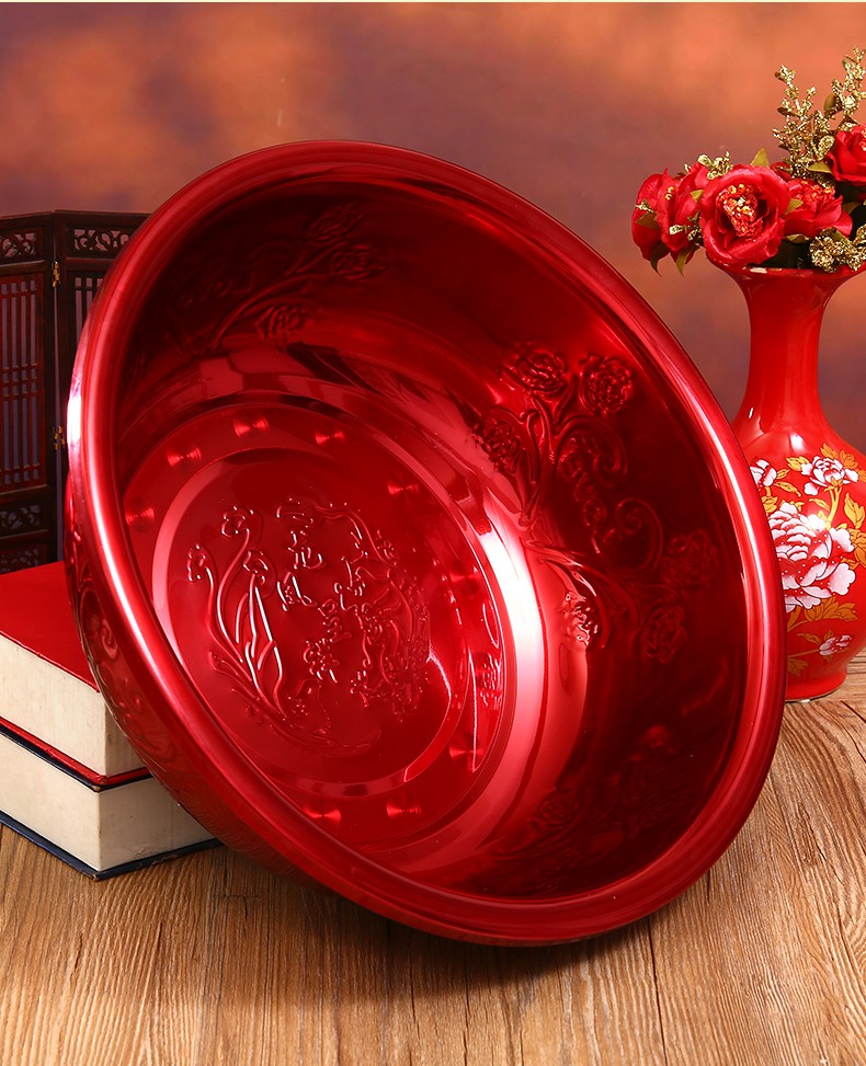 思宇 结婚新人陪嫁红色盆子洗脸盆 新娘嫁妆娘家陪嫁不锈钢喜盆 婚庆