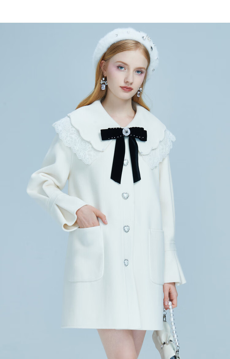 欣贺艾薇aivei 2022冬季新甜妹风钉珠双层领中长毛呢大衣 米白 s