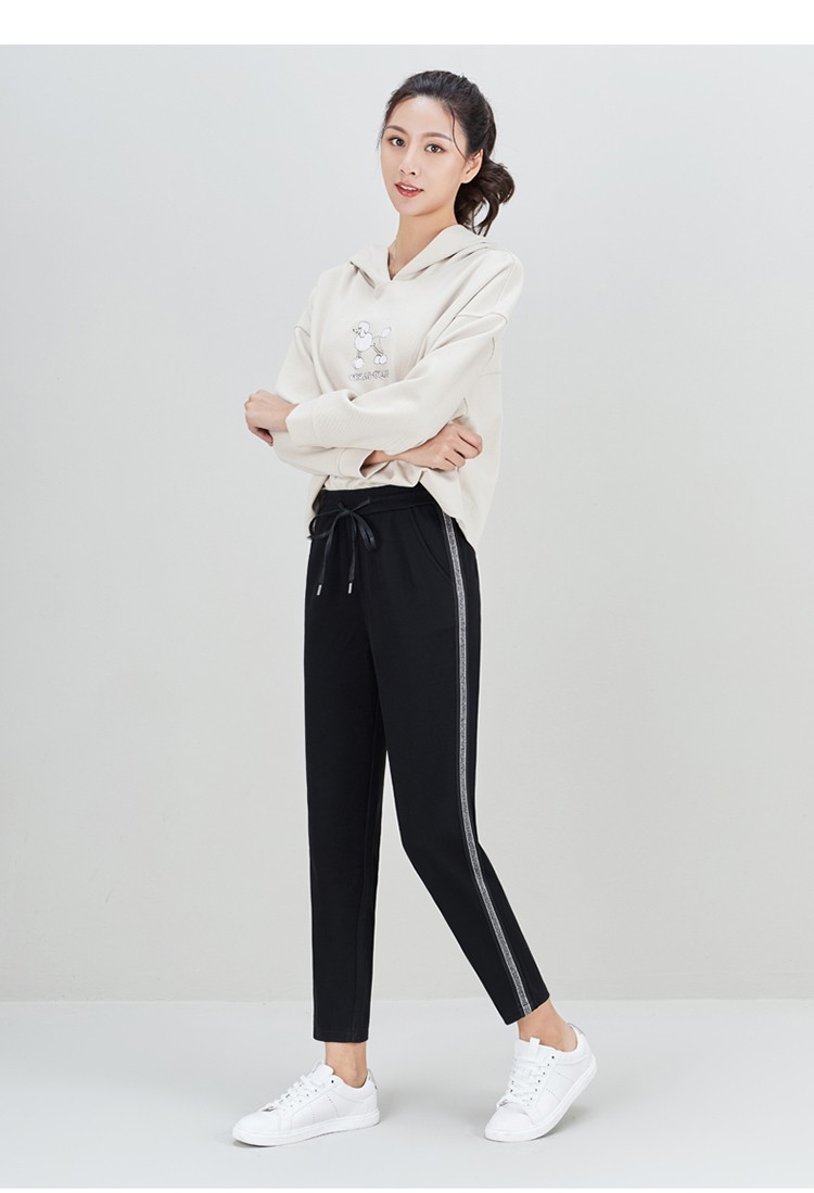娅丽达女裤2019春季新款休闲运动裤女宽松直筒拼接条纹黑色裤子i1008