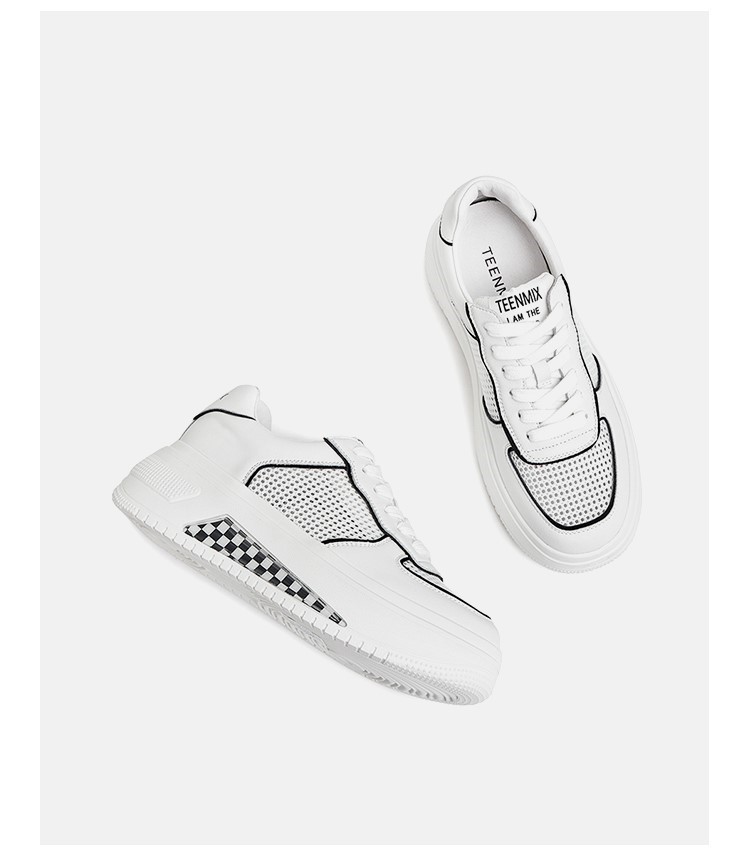 teenmix天美意2022夏新款时髦百搭运动风网面系带松糕厚底小白鞋女