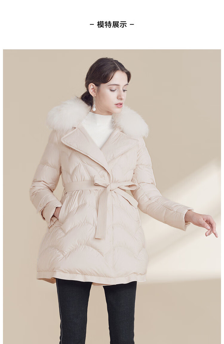 恩曼琳anmani 19秋冬新毛领蝴蝶结绑带纽扣收腰修身羽绒服外套 燕麦 m