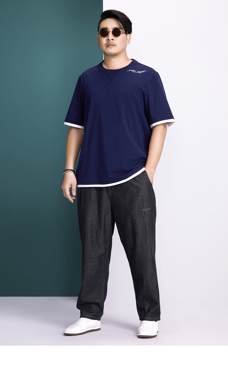 半墨大码短袖体恤男2020夏季新款假两件短袖t恤胖子宽松绣花中袖t恤