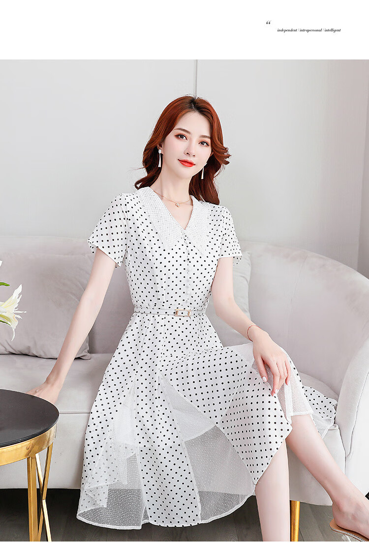 尚静2020新款连衣裙夏季气质简约波点撞色拼接收腰显瘦女式白色连衣裙