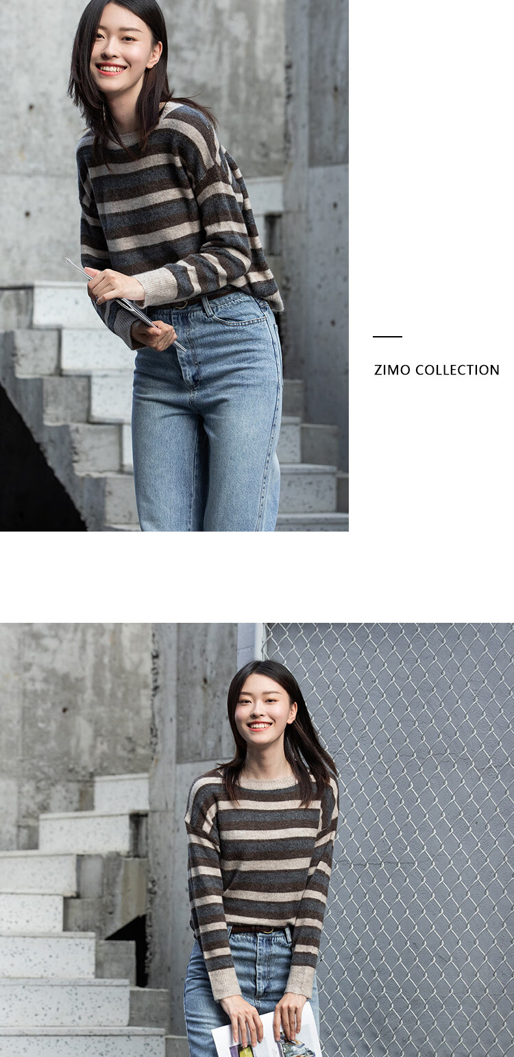子陌zimo 新款百搭圆领显瘦女式针织衫 灰条 均码