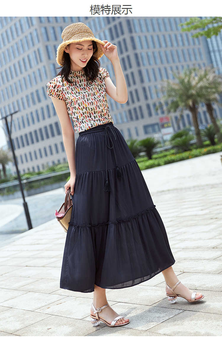 哥弟girdear复古优雅淑女絮带褶皱设计长款半身裙裙子女深蓝m