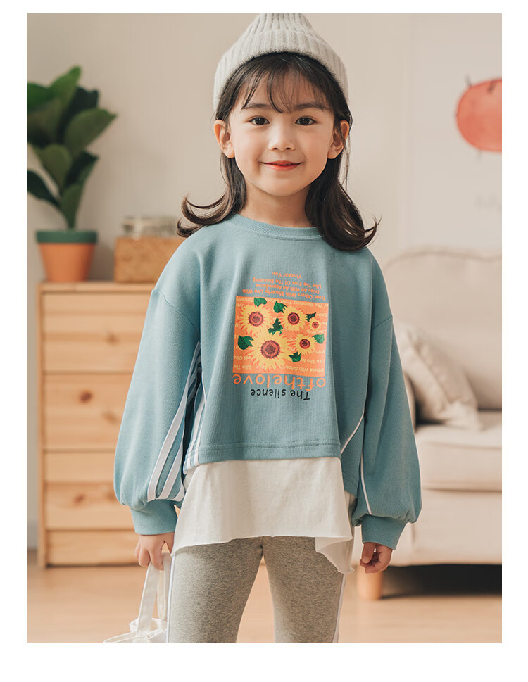 白鹿语louisyao2021秋季新款童装女童韩版时尚印花拼接卫衣蓝色105