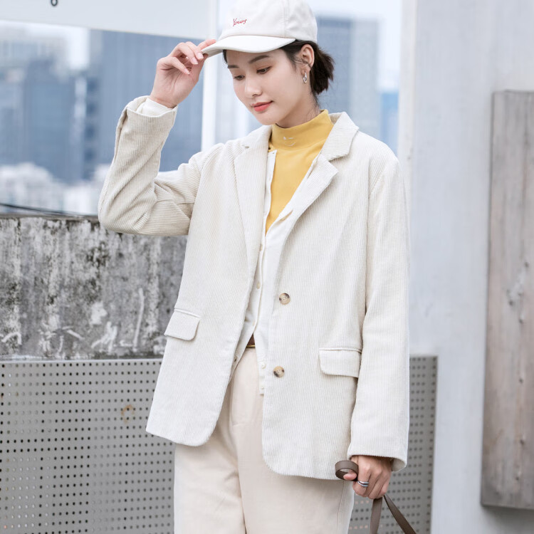 子陌zimo 2020冬装新品百搭文艺休闲宽松灯芯绒职业装女式外套 米色 m