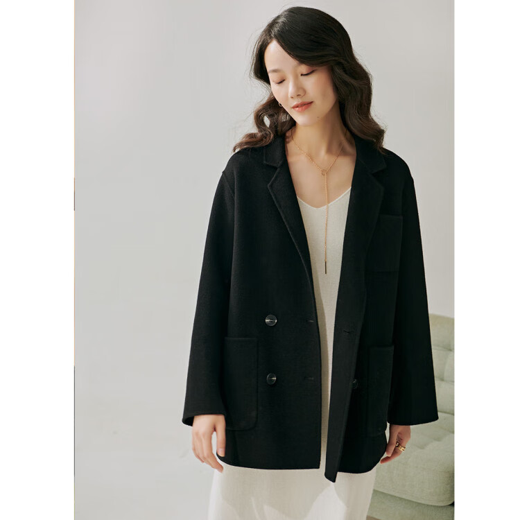 100%澳洲初剪羊毛大衣女双面呢外套小个子双排扣西装领毛呢 鱼子酱色