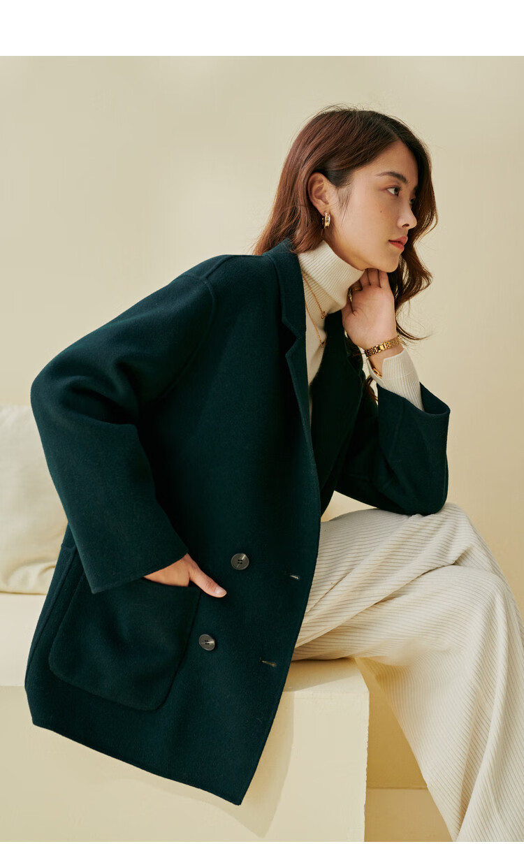 100%澳洲初剪羊毛大衣女双面呢外套小个子双排扣西装领毛呢 鱼子酱色