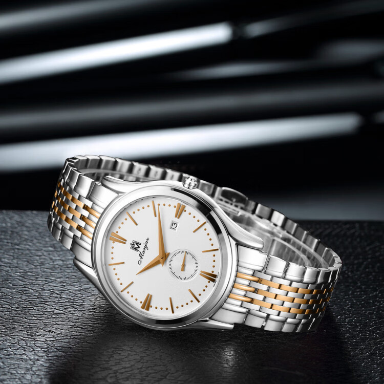 名爵manjaz轻薄商务男士石英表爱情海系列简约日历男表钢带手表男白盘