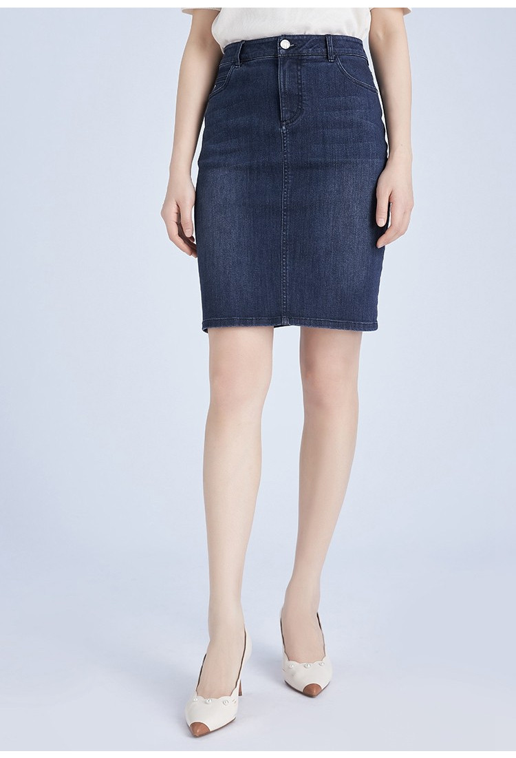 哥弟girdear 休闲中腰纯色包裙中裙牛仔裙半身裙裙子女 蓝 s