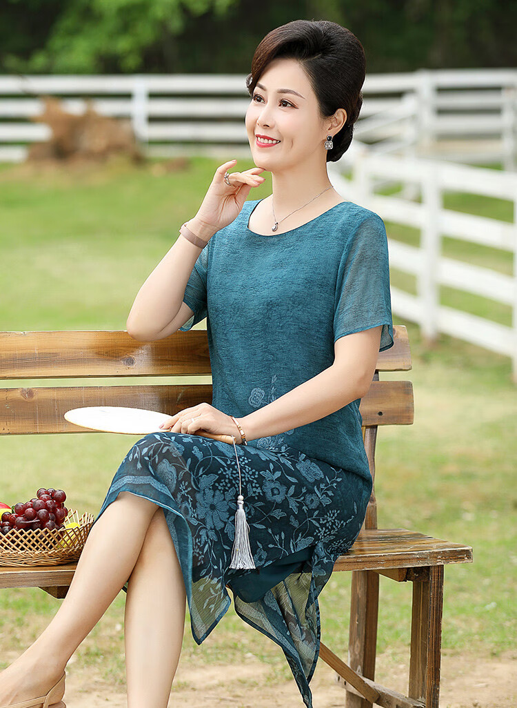 福玛玛中年妇女妈妈装旗袍裙中老年夏季中长款过膝裙子阔太太雪纺