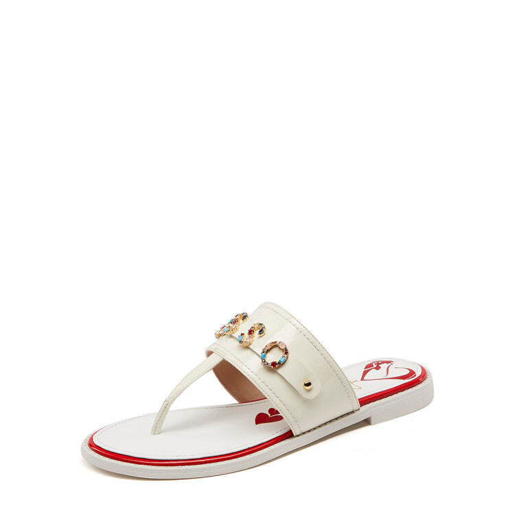 蹀愫tigrisso ts春季新品桃心彩钻皱漆丁字百搭夹脚渡假外穿拖鞋女 米