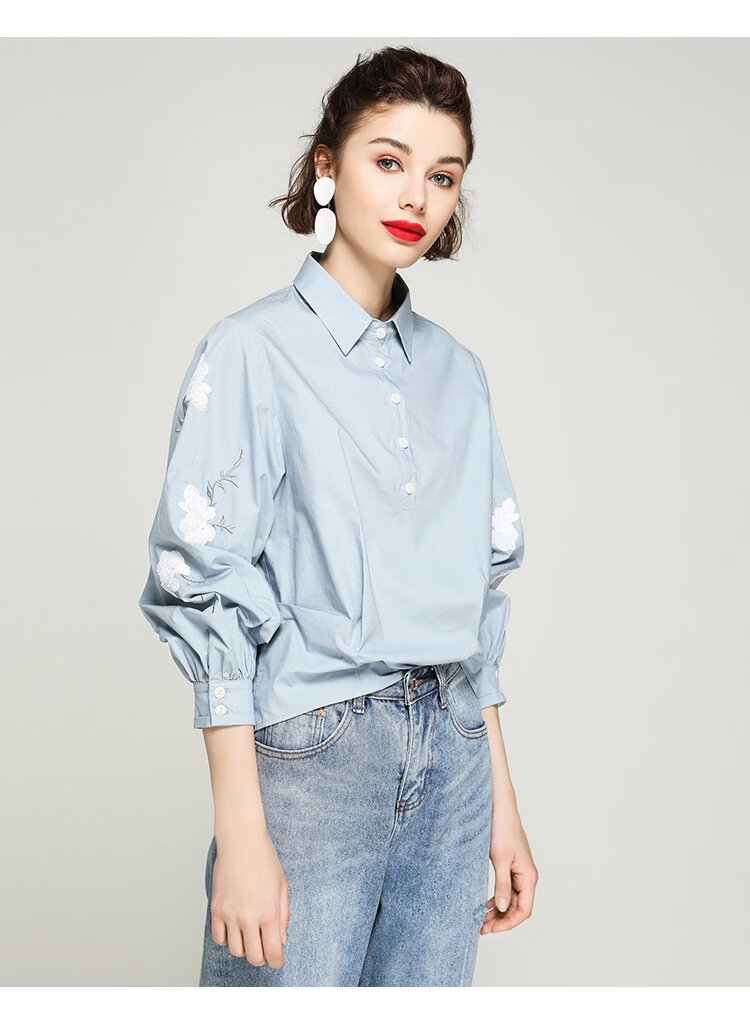 ao 20秋新款简约通勤衬衫精致花朵图案刺绣长袖翻领女式衬衫衬衣 蓝色