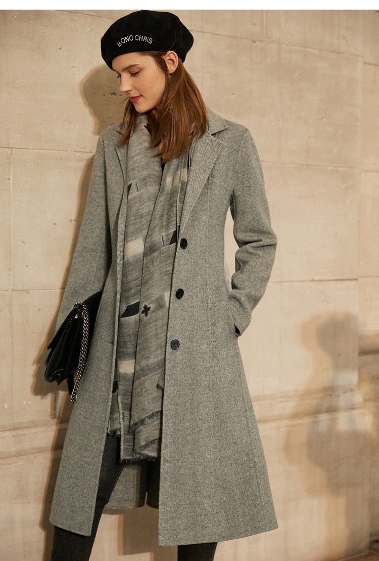 amii 【20冬新款】极简时尚修身人字纹轻奢翻领羊毛双面呢大衣女 卡其