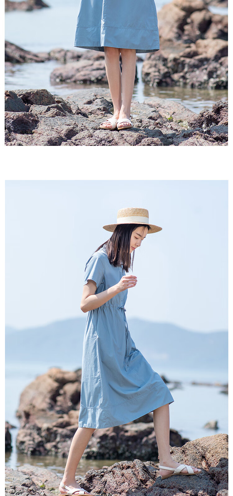 子陌zimo 2020新品简约收腰短袖中长款连衣裙女夏 蓝色 l