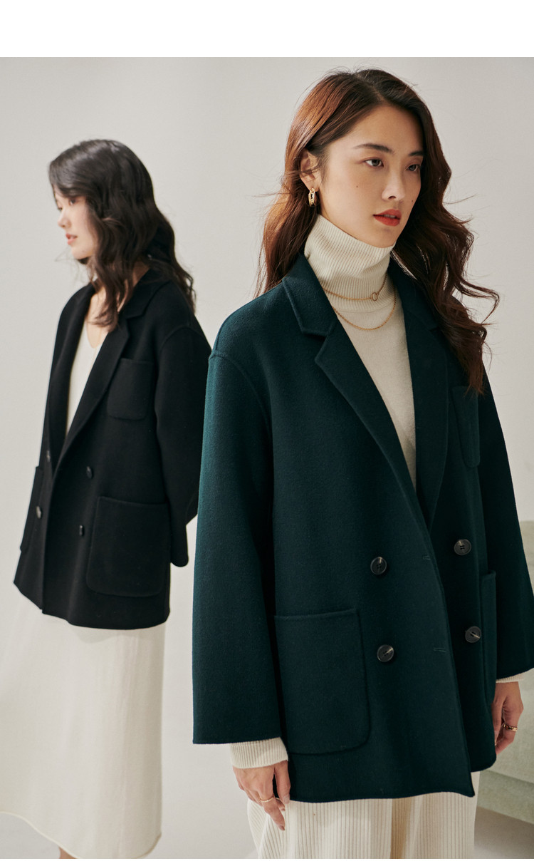 100%澳洲初剪羊毛大衣女双面呢外套小个子双排扣西装领毛呢 鱼子酱色