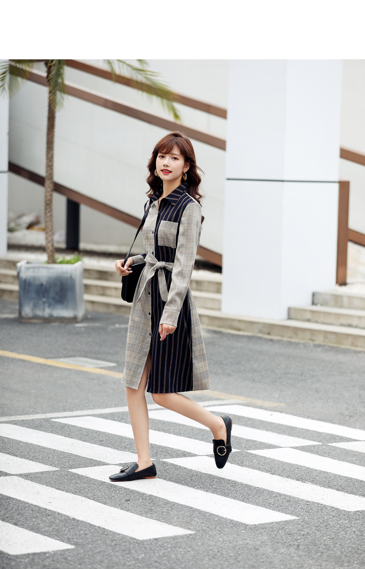 感格子拼接条纹长袖连衣裙女系带收腰中长款翻领纽扣衬衫裙子 藏青色