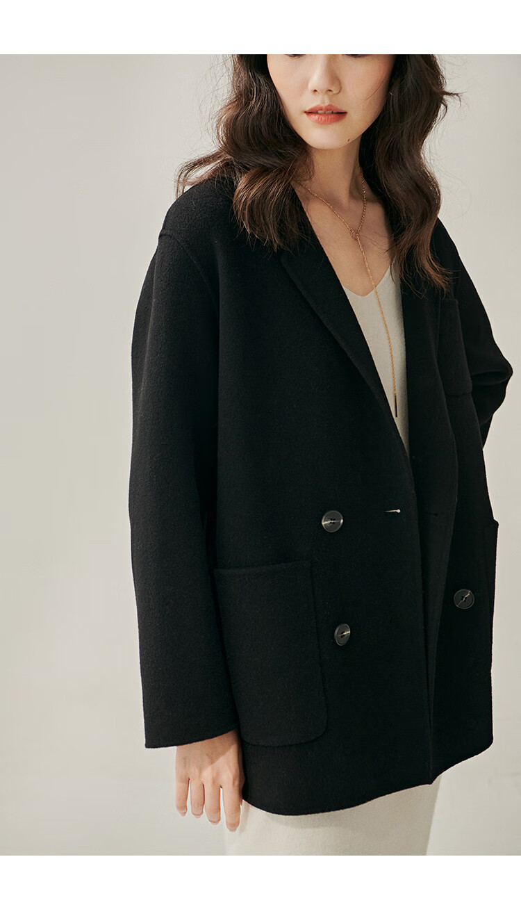 100%澳洲初剪羊毛大衣女双面呢外套小个子双排扣西装领毛呢 鱼子酱色