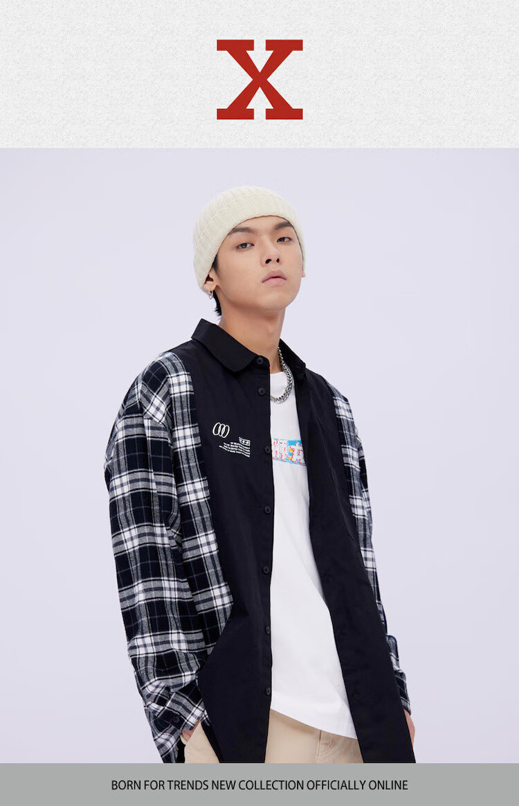 堡狮龙bossinibossinix男装秋季新款纯棉设计感拼接衬衫990黑色m