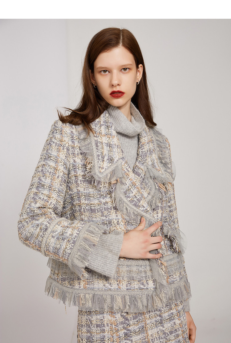 红袖hopeshow 2020年冬季新款女装小香风网纱拼接翻领短外套 灰格 xs