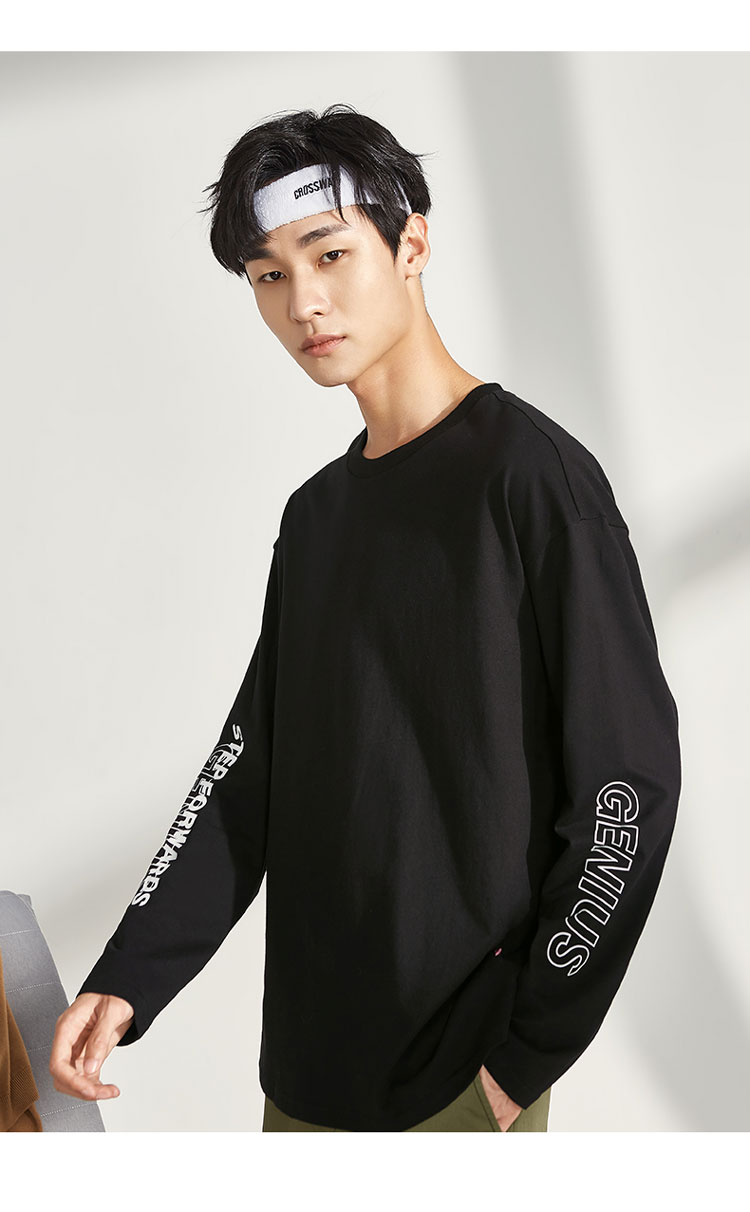 a21 以纯线上品牌秋冬新款男士t恤字母图案基础款宽松长袖t恤男 特白