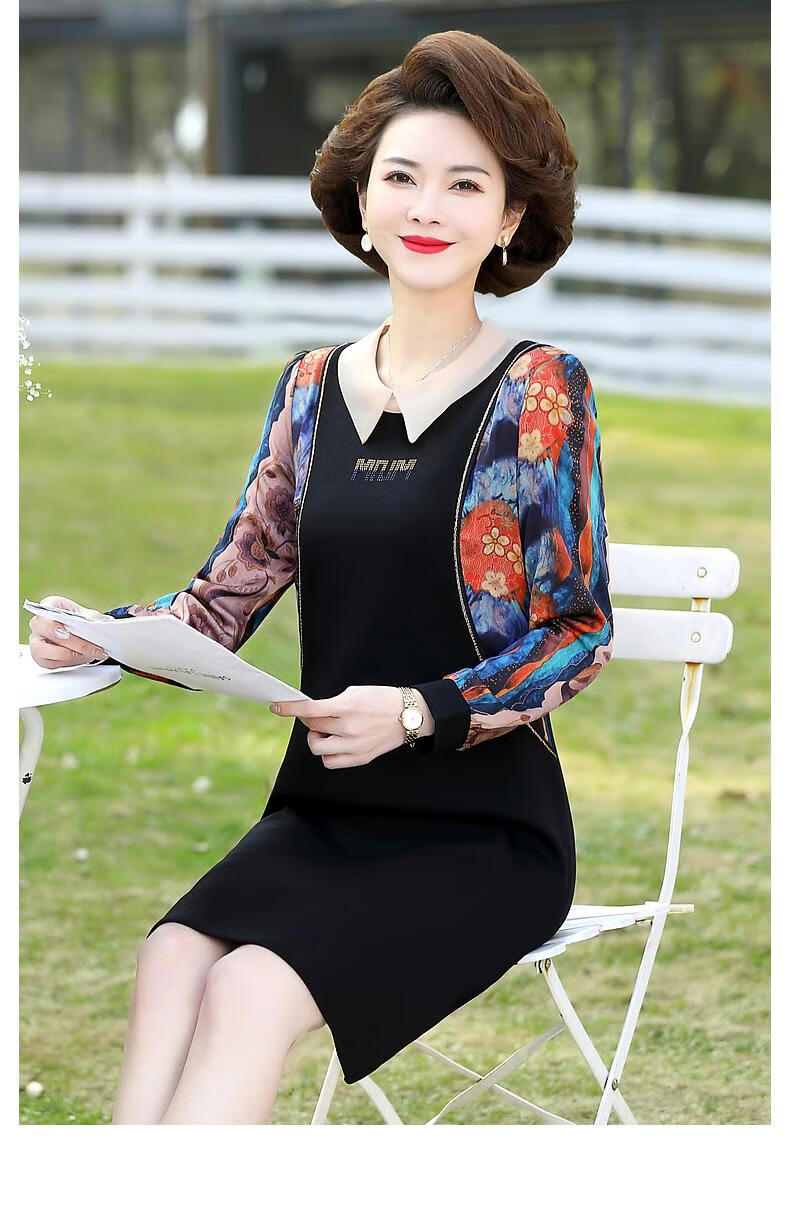 宝莲朵妈妈装春装长袖连衣裙中年妇女春秋娃娃领衣服中老年女装直筒