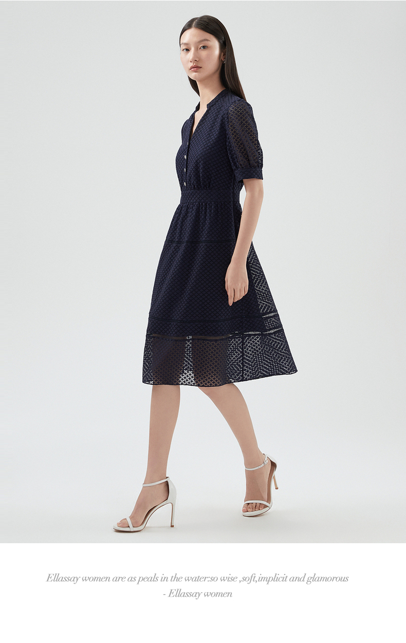 ellassay歌力思2022夏季新款菱格蕾丝灯笼袖连衣裙ewd332y214纯净白l