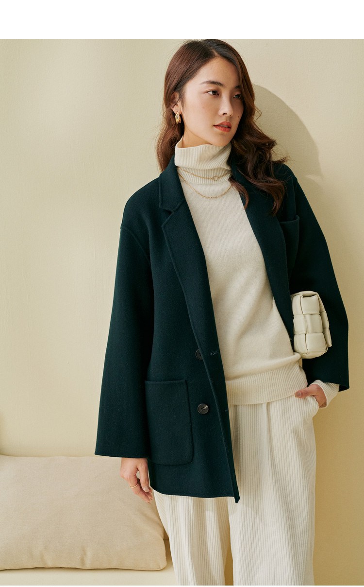 100%澳洲初剪羊毛大衣女双面呢外套小个子双排扣西装领毛呢 鱼子酱色