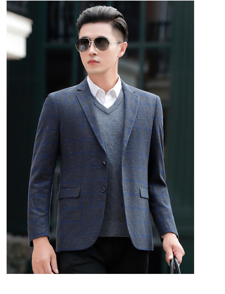凯撒kaiser 春季男款格纹商务休闲绅士成熟稳重翻领外套男西服西装男