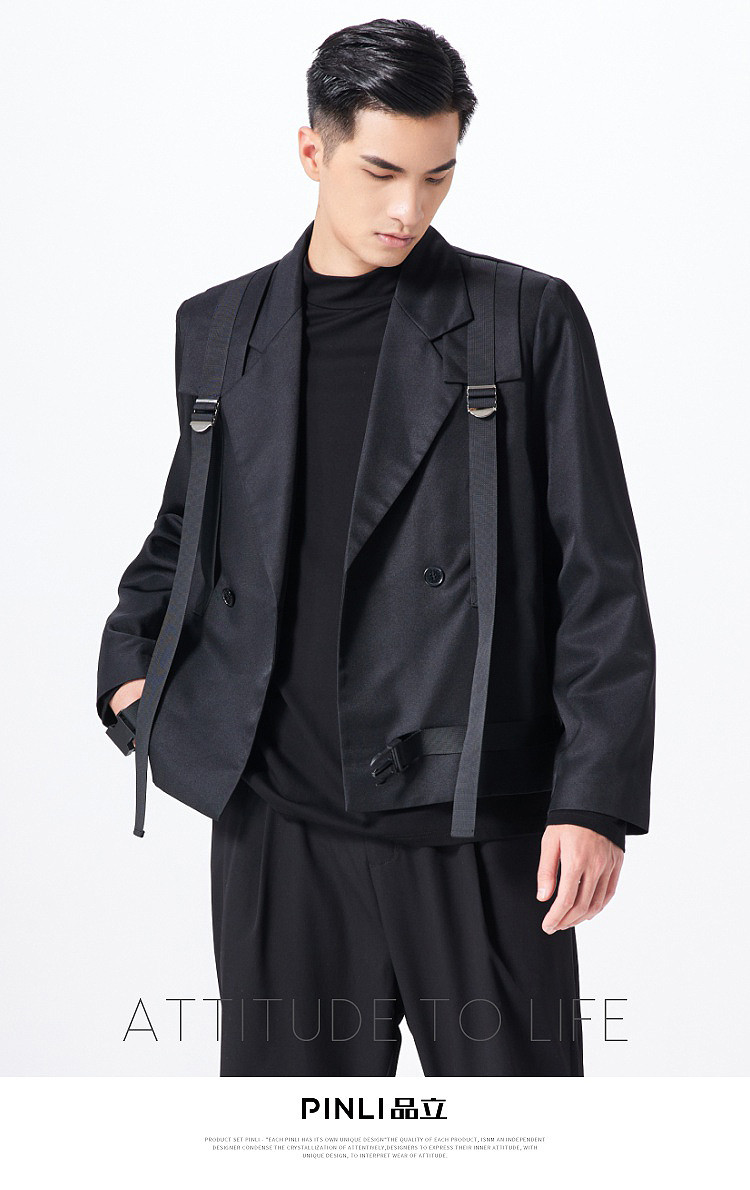 品立pinli秋季新款男装时尚休闲短款男士西装西服外套男黑色l