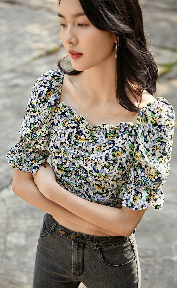 ai 【2020夏装新品】女士法式优雅泡泡袖方领上衣短袖碎花雪纺衫衬衫