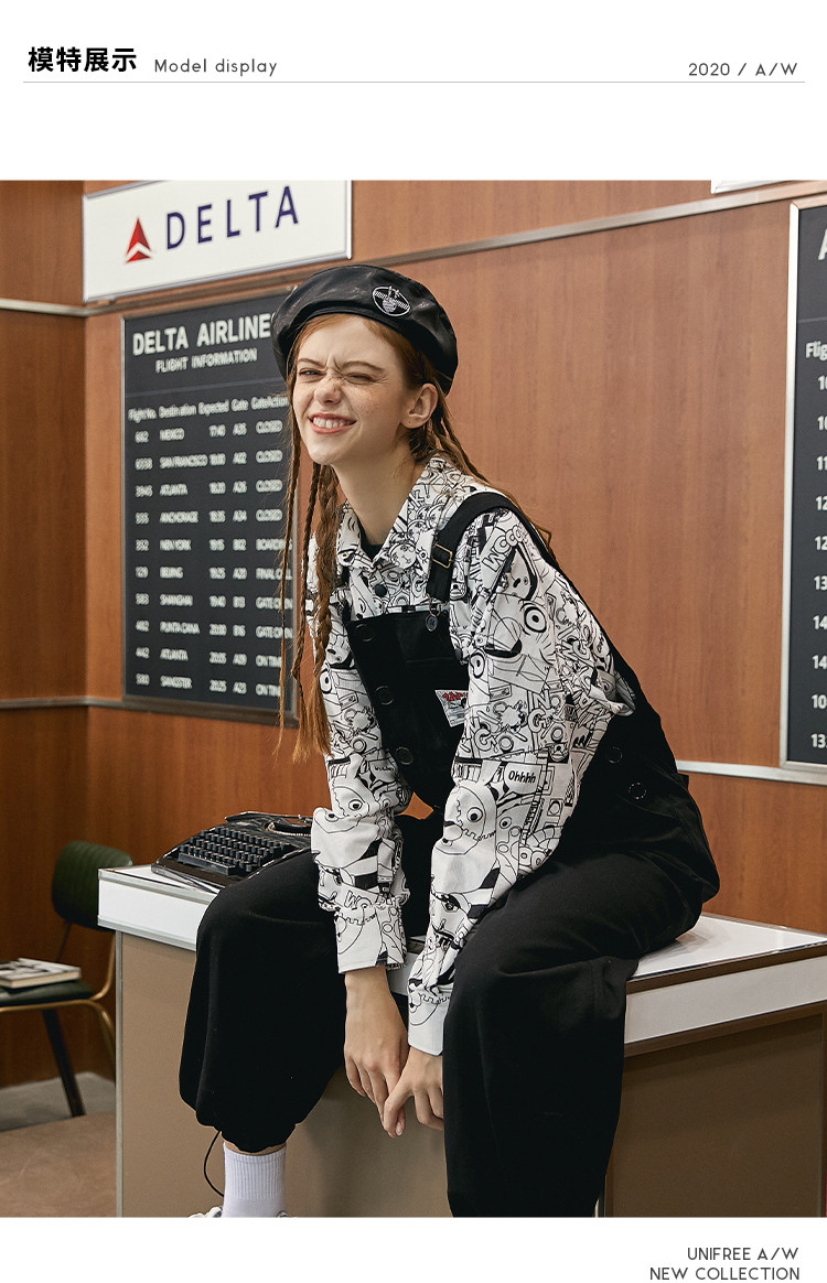 unifree 跨界合作逃亡兔20年冬季新款女装灯芯绒面料设计衬衫拼接图案