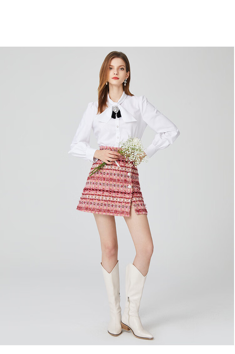 欣贺艾薇aivei 新高腰a版开叉小香风粗花呢半身裙 粉雾玫瑰 l【图片