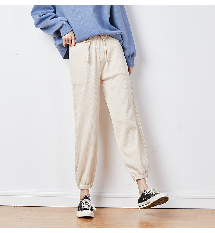 秋冬加厚休闲裤女坑条束脚裤休闲长裤女裤子女运动休闲裤 藕色 xl